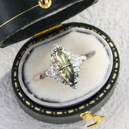 Unique Briar Rose Three Stone Starbrite Cut Marquise Green Lab Sapphire and Moissanite Ring