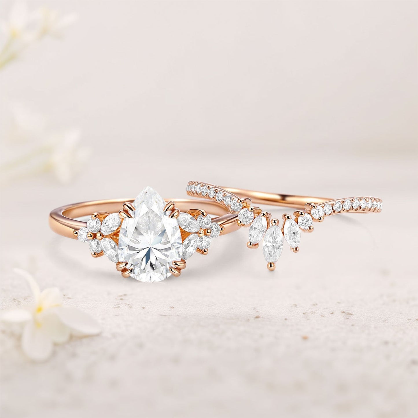Unique Cluster Pear Moissanite Chevron Wedding Ring Set