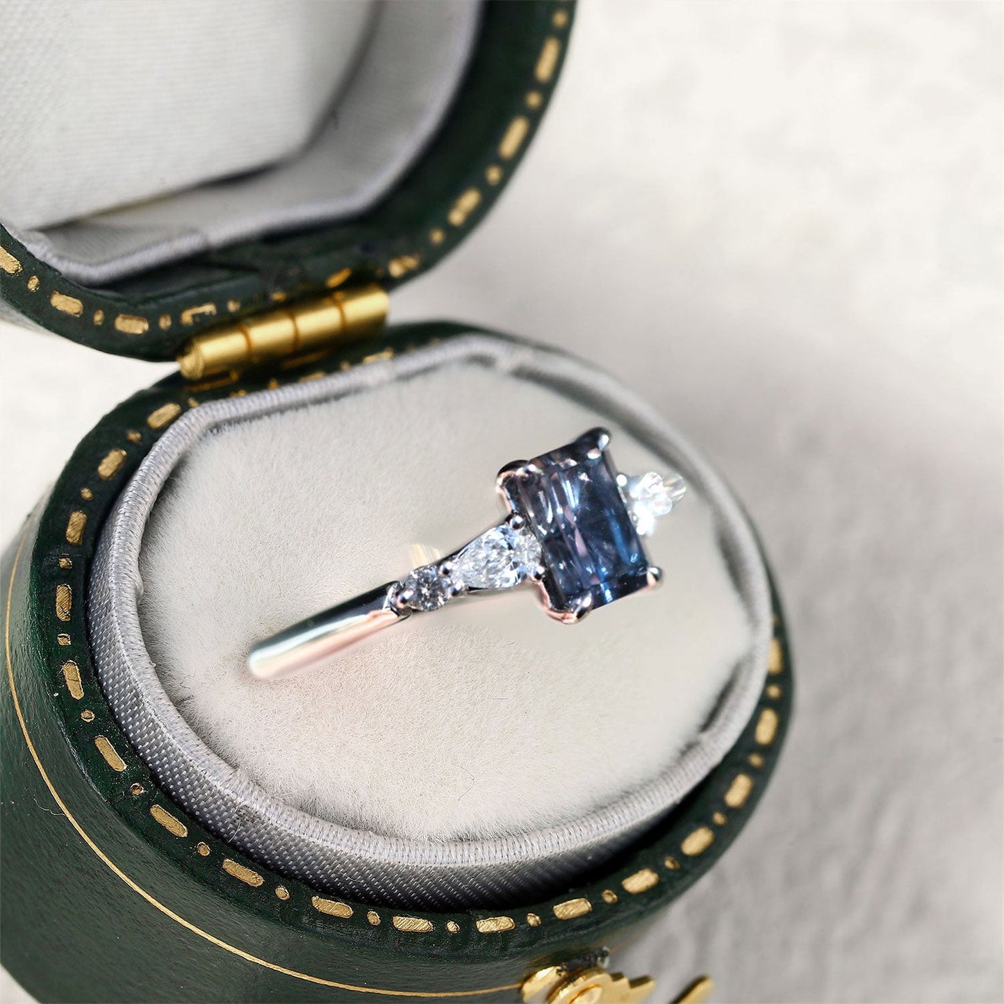 Unique Five Stone Emerald cut Lab Sapphire Ring