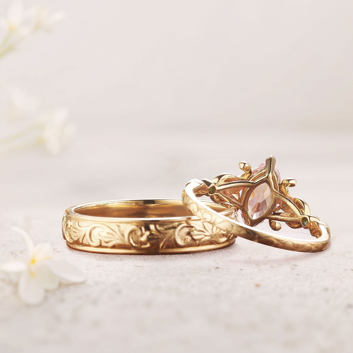 Vintage Marquise Lab Padparadscha Couple Promise Engagement Ring Set