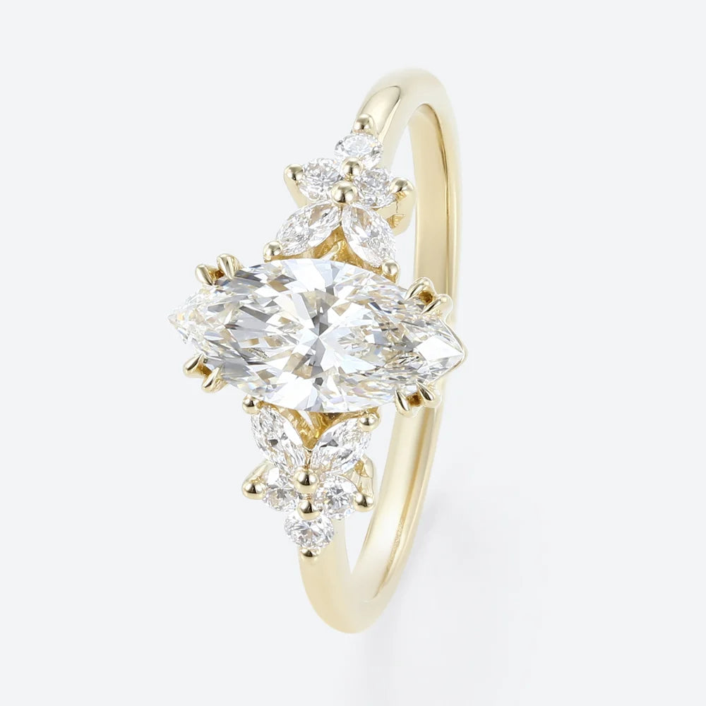 Unique Marquise Moissanite Rings Petal Side Stones Engagement Ring