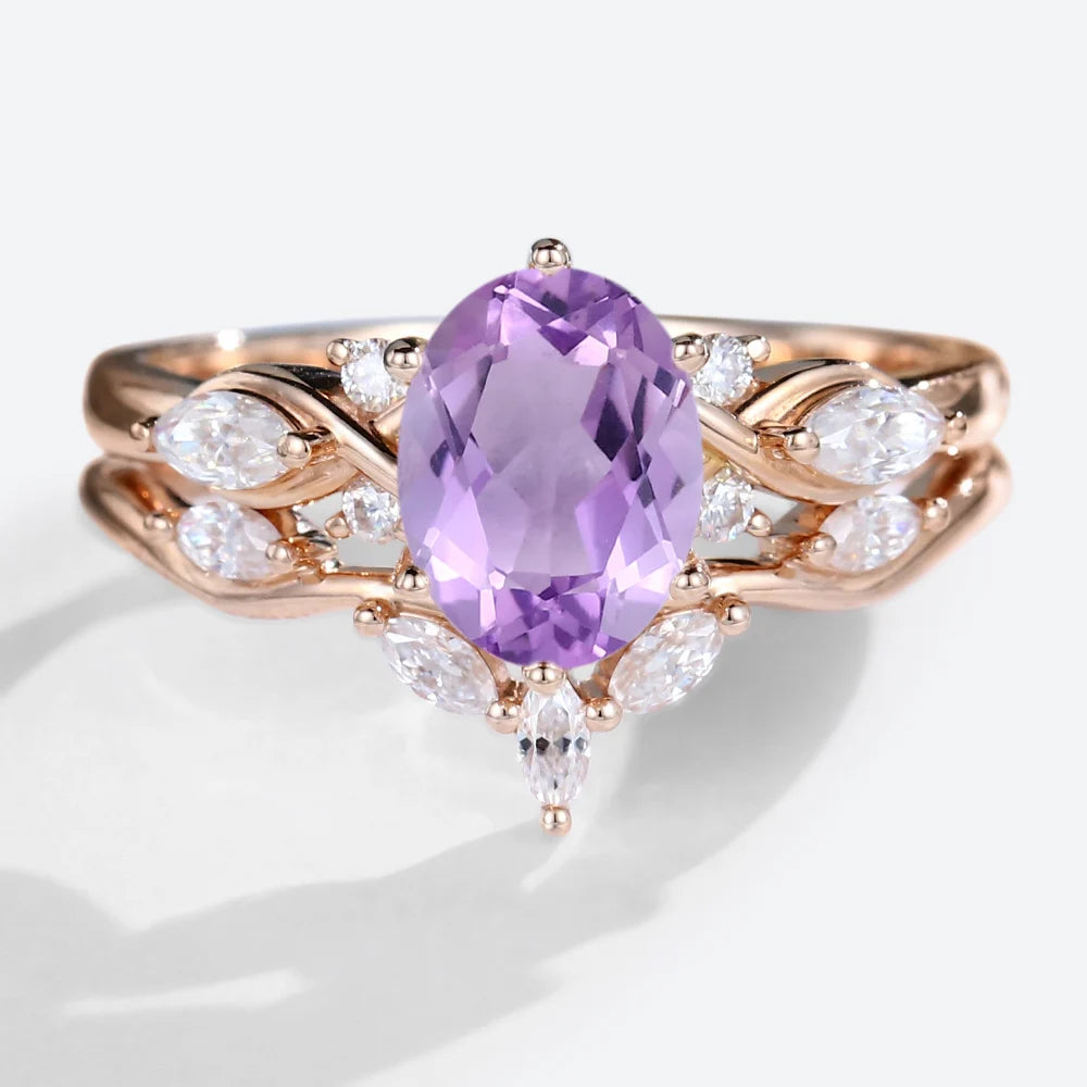 Vintage Oval Amethyst and Moissanite Curved Wedding Ring Set Bridal Ring Set
