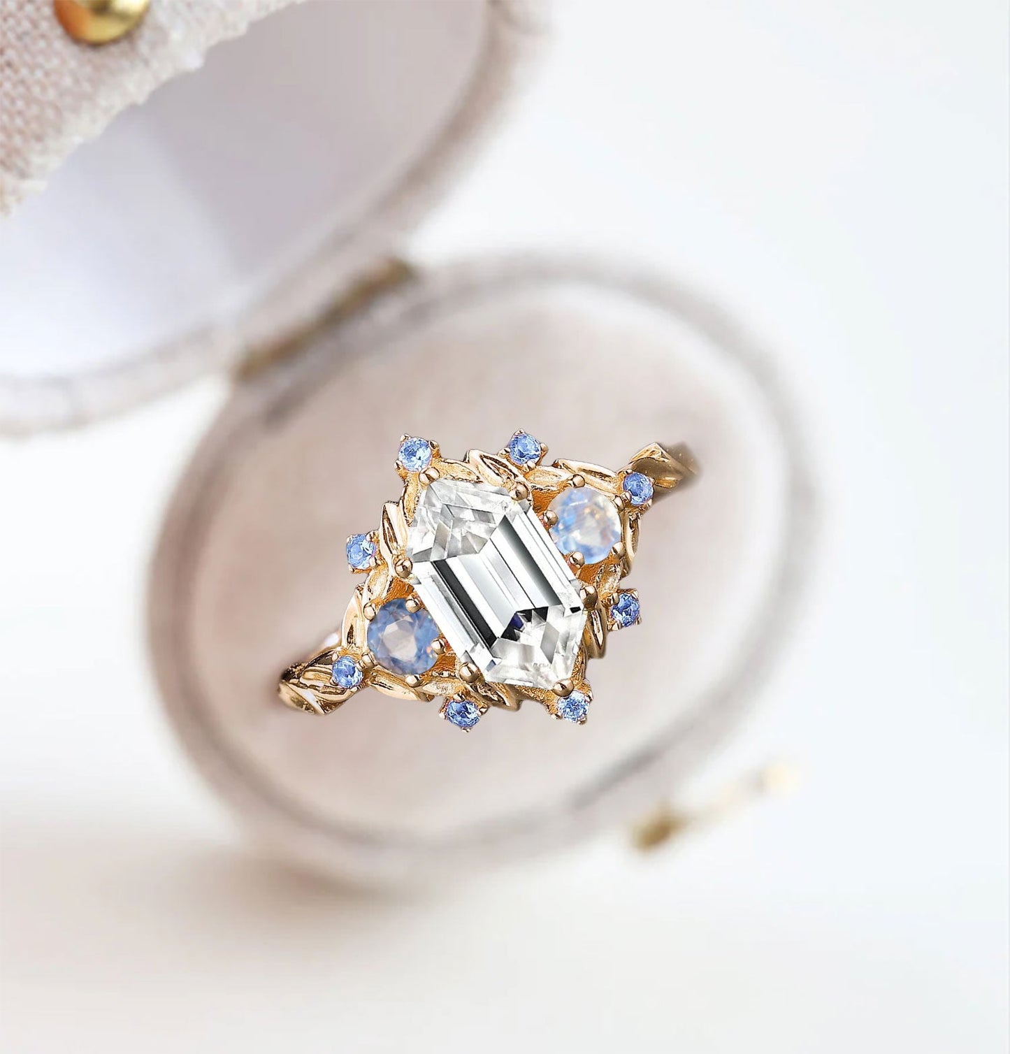 Unique floral engagement rings Three Stone Long Hexagon Moissanite Engagement Ring