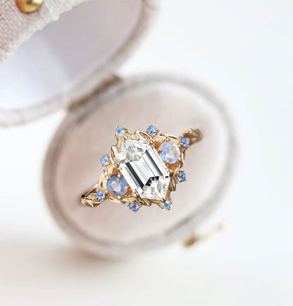 Unique floral engagement rings Three Stone Long Hexagon Moissanite Engagement Ring