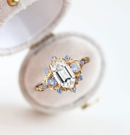 Unique floral engagement rings Three Stone Long Hexagon Moissanite Engagement Ring