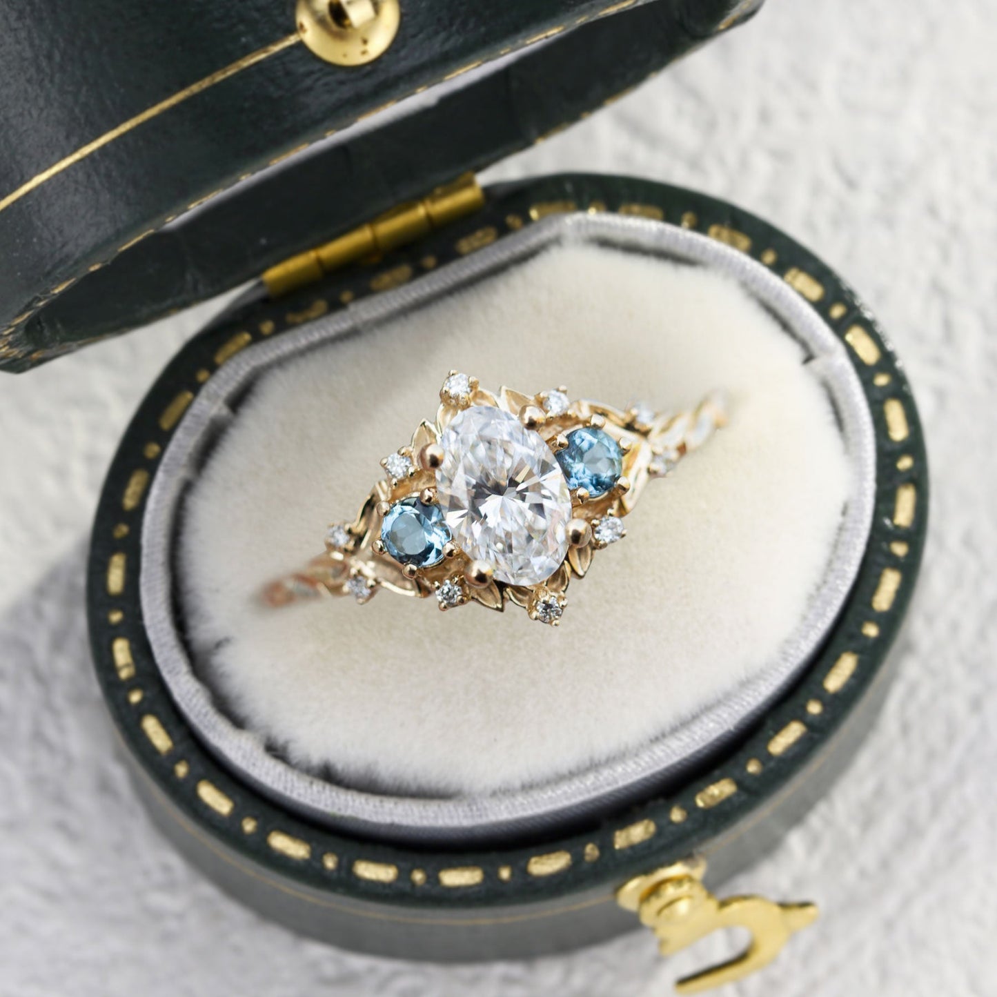 Unique floral engagement rings Rose Three-Stone Oval Moissanite and Lab Topaz Ring