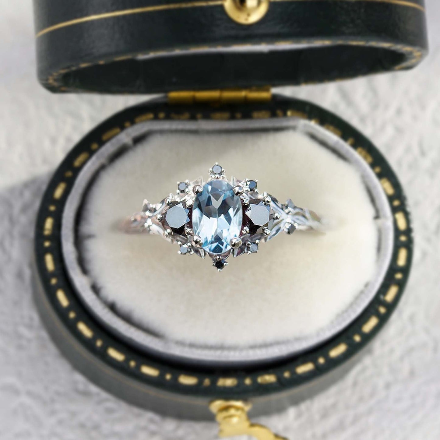 Unique Briar Rose Three Stone Oval Lab Aquamarine and Black Moissanite Ring