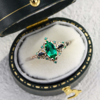 Unique Briar Moon Three Stone Marquise Lab Emerald Ring