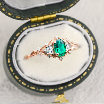 Unique Briar Rose Three Stone Oval Lab Emerald Ring