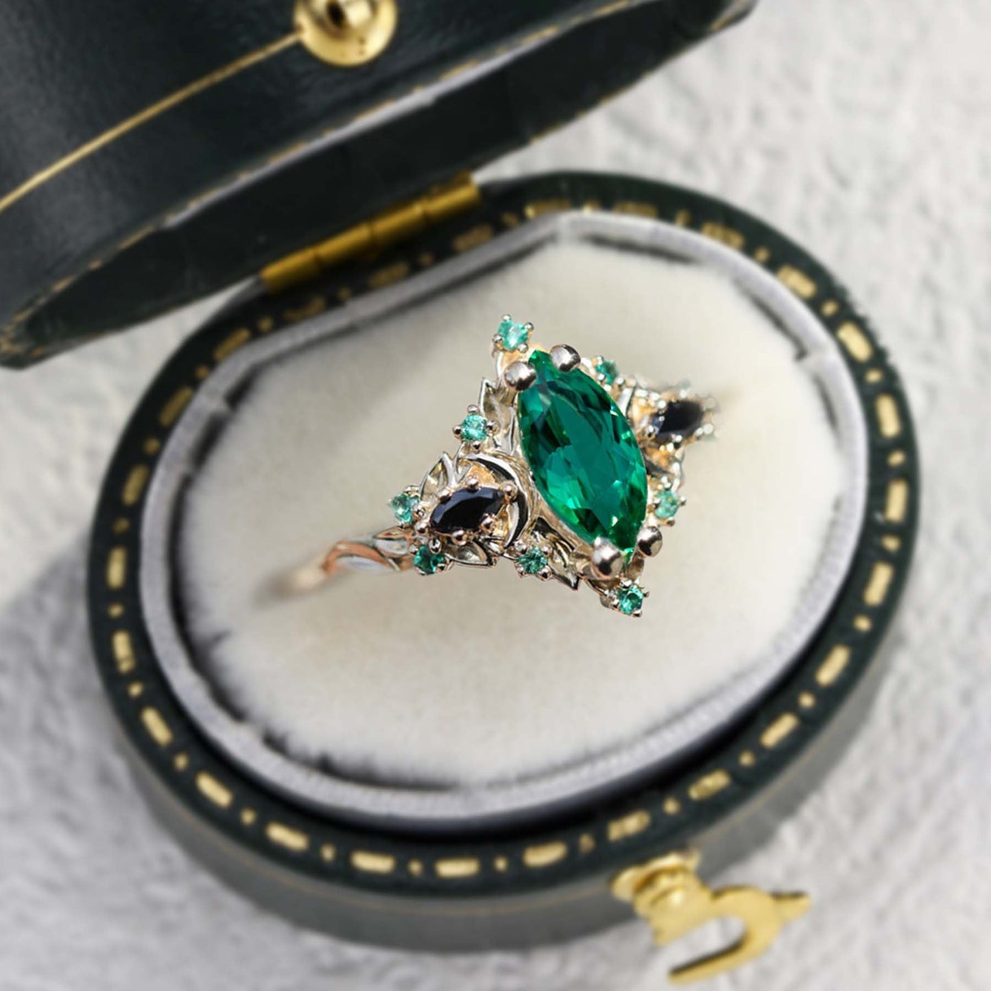 Unique Briar Moon Three Stone Marquise Lab Emerald Ring