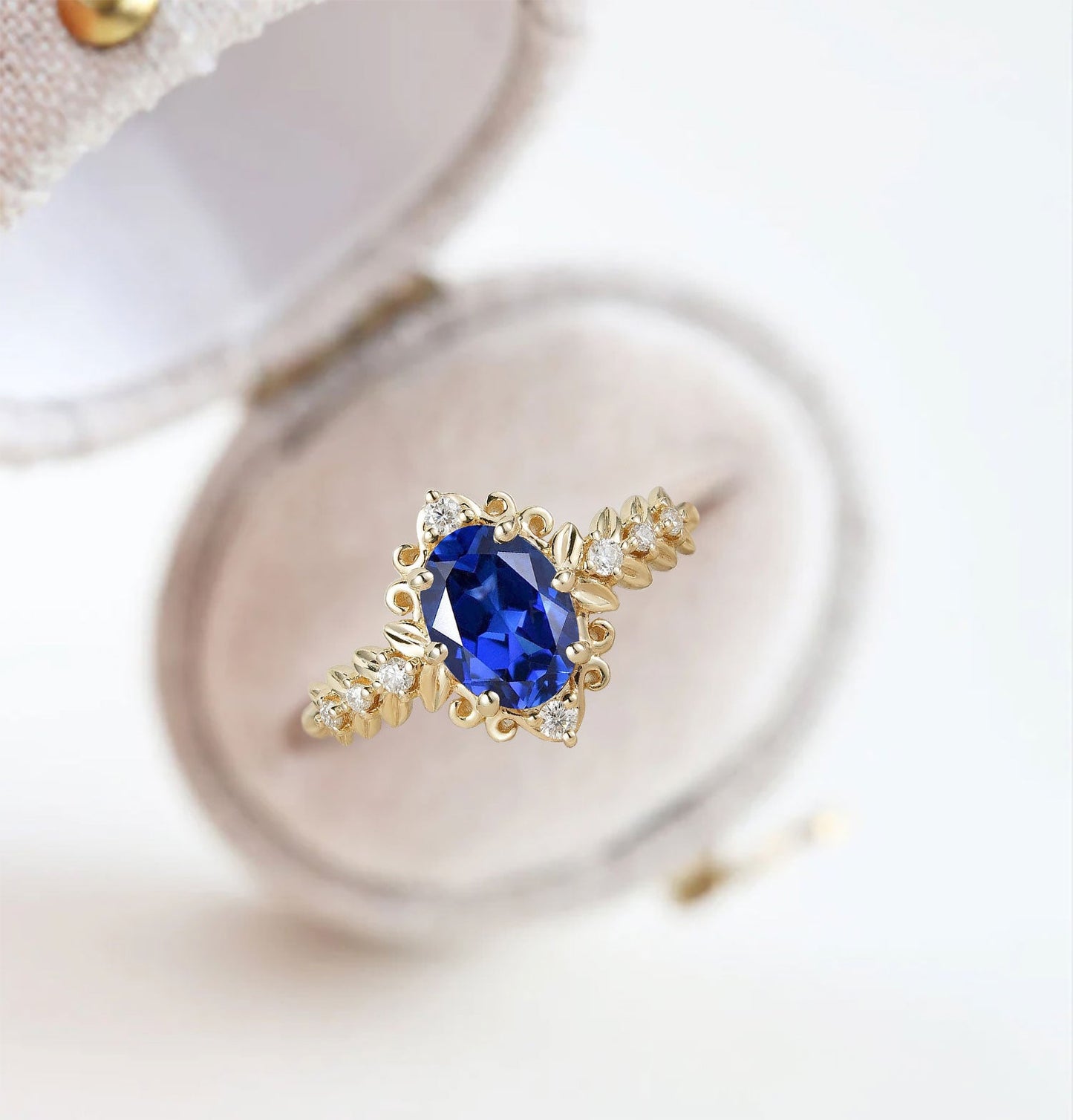 Unique Elegant Royal Blue Lab Sapphire Filigree Leaf Engagement Ring