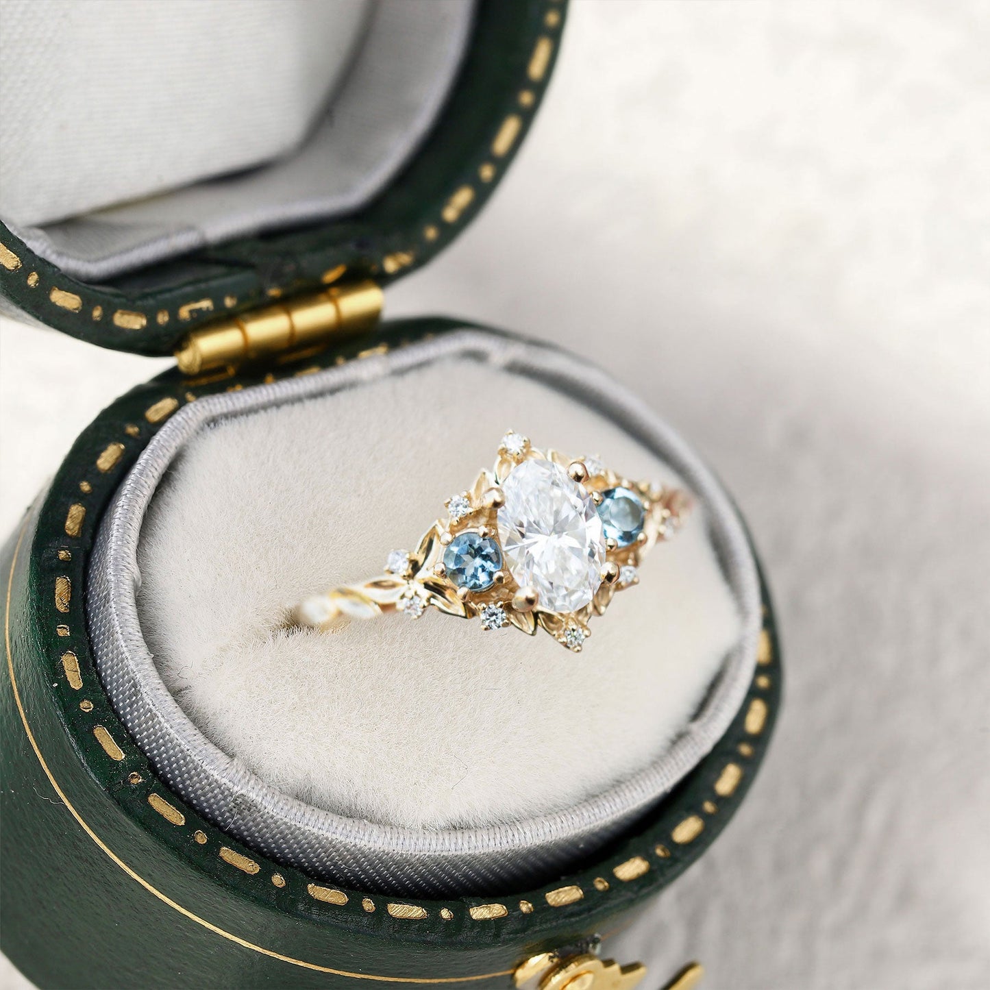 Unique floral engagement rings Rose Three-Stone Oval Moissanite and Lab Topaz Ring