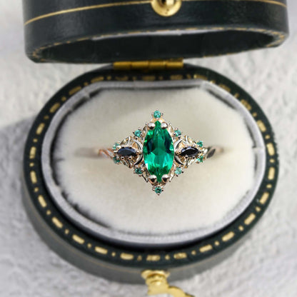 Unique Briar Moon Three Stone Marquise Lab Emerald Ring
