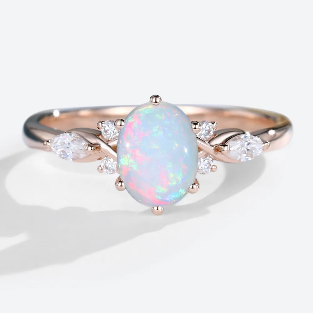 Vintage Oval Opal and Moissanite Engagement Ring