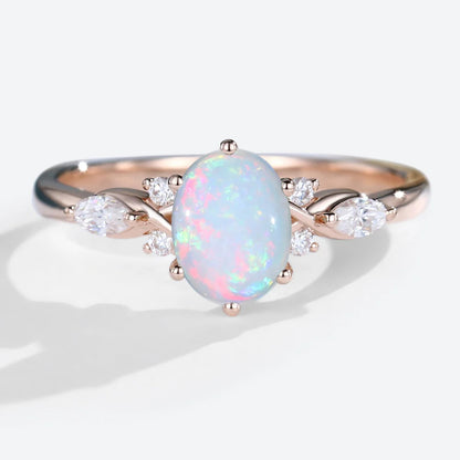 Vintage Oval Opal and Moissanite Engagement Ring