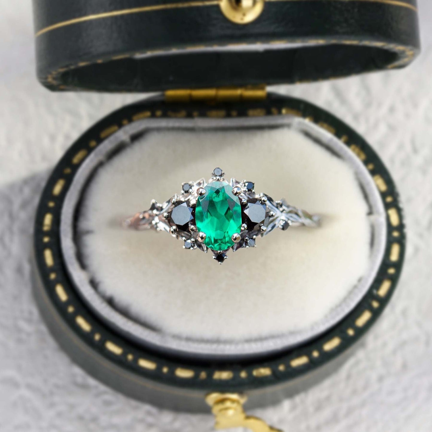 Unique Briar Rose Three Stone Oval Lab Emerald and Black Moissanite Ring