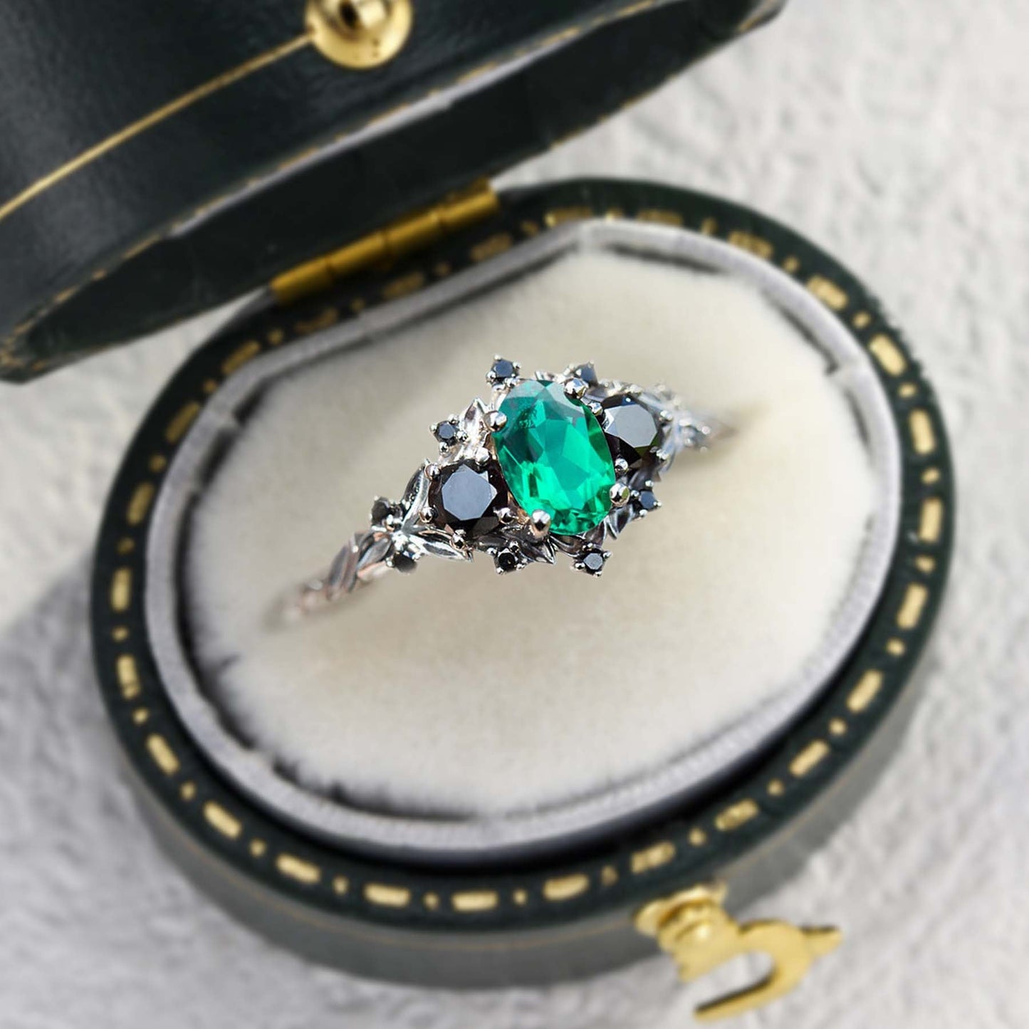Unique Briar Rose Three Stone Oval Lab Emerald and Black Moissanite Ring