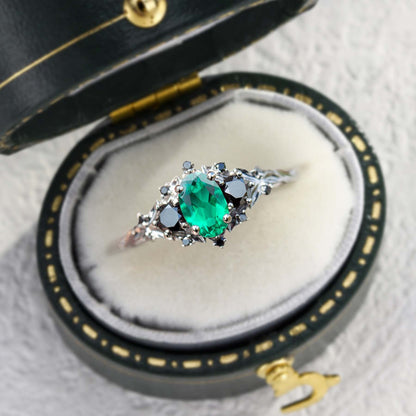 Unique Briar Rose Three Stone Oval Lab Emerald and Black Moissanite Ring
