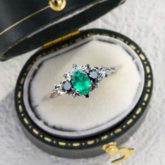 Unique Briar Rose Three Stone Oval Lab Emerald and Black Moissanite Ring