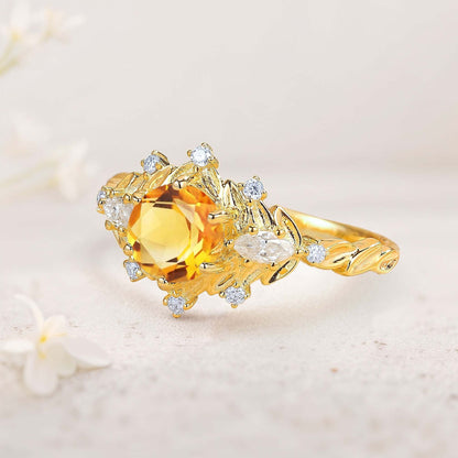 Unique floral engagement rings Round Citrine Flower Engagement Ring Art Deco Leaf Wedding Ring