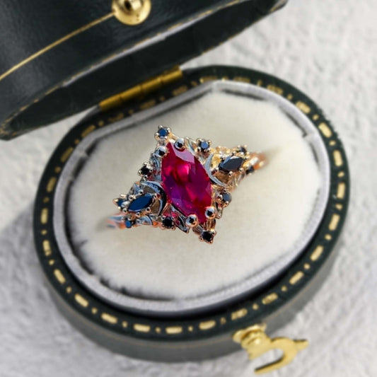 Unique floral engagement rings Moon Marquise Lab Ruby and Black Onyx Anniversary Ring