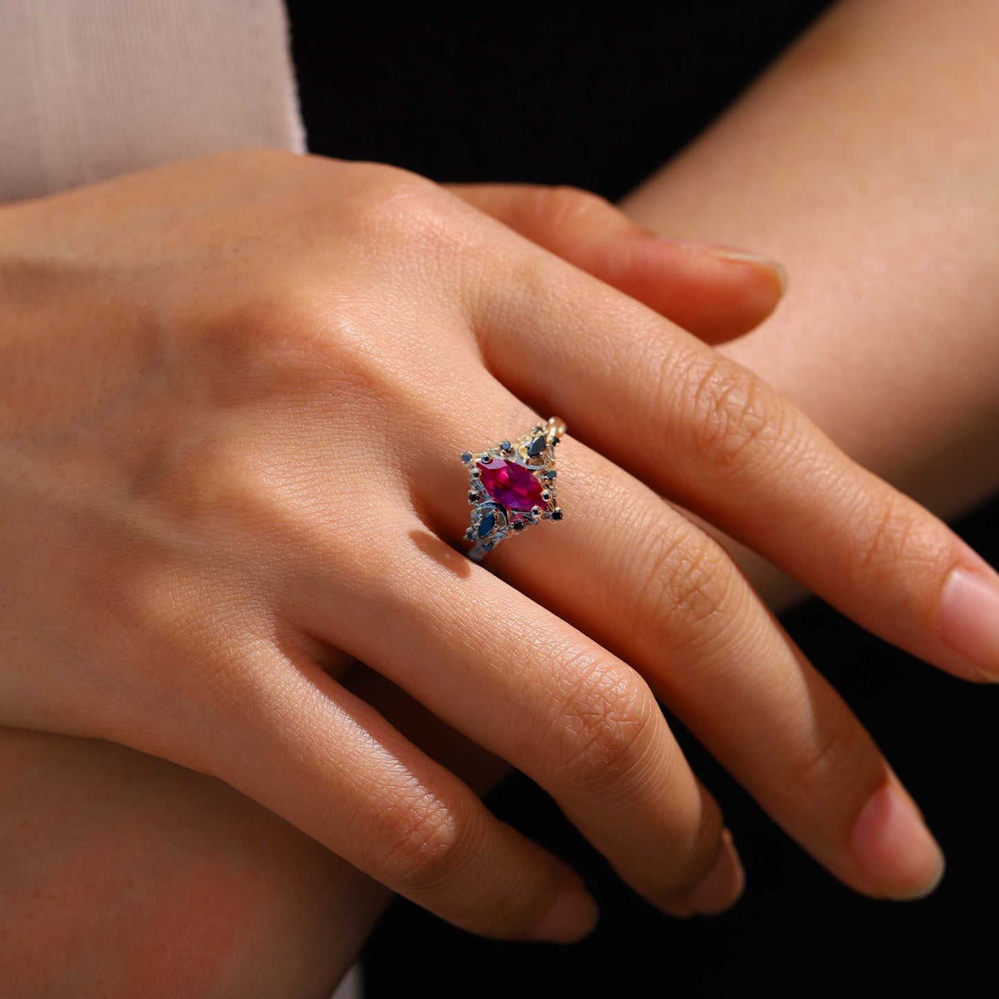 Unique floral engagement rings Moon Marquise Lab Ruby and Black Onyx Anniversary Ring