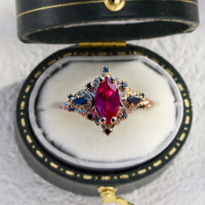 Unique floral engagement rings Moon Marquise Lab Ruby and Black Onyx Anniversary Ring