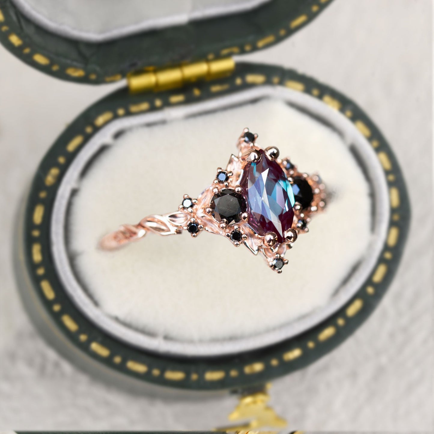 Unique Briar Rose Marquise Lab Alexandrite and Black Moissanite Ring