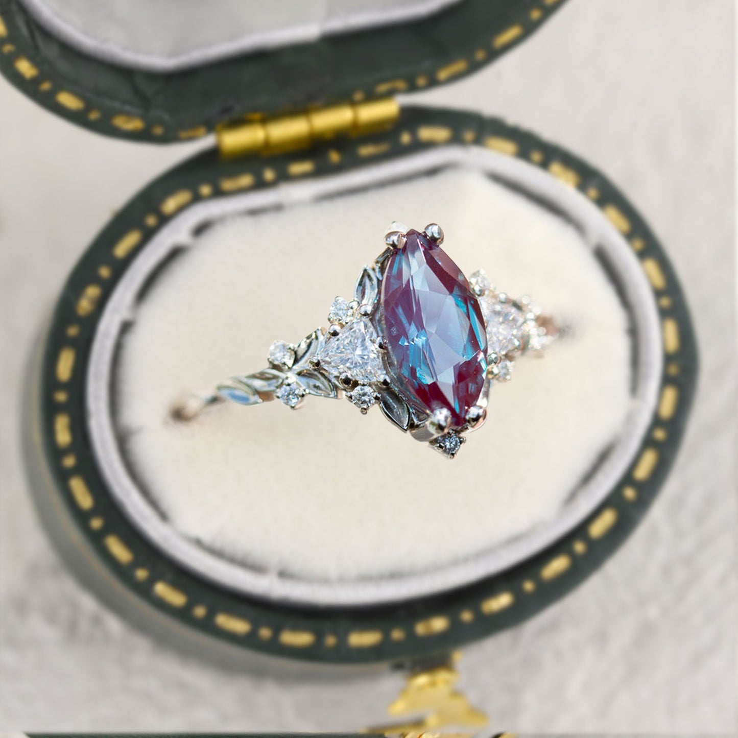 Unique Briar Rose Three Stone Marquise Lab Alexandrite Ring