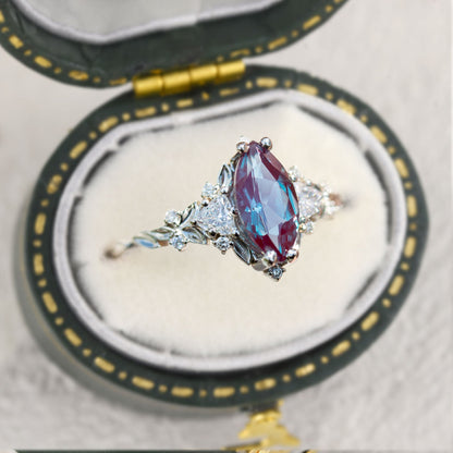 Unique Briar Rose Three Stone Marquise Lab Alexandrite Ring