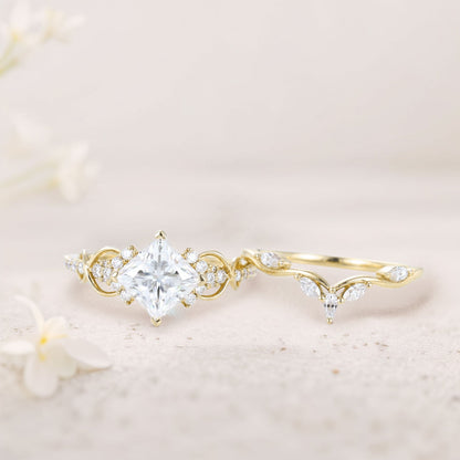 Vintage Princess Moissanite Engagement Ring Bridal Ring Set