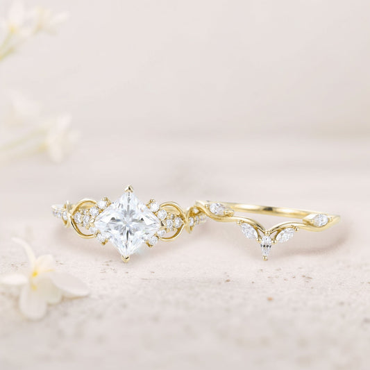 Vintage Princess Moissanite Engagement Ring Bridal Ring Set
