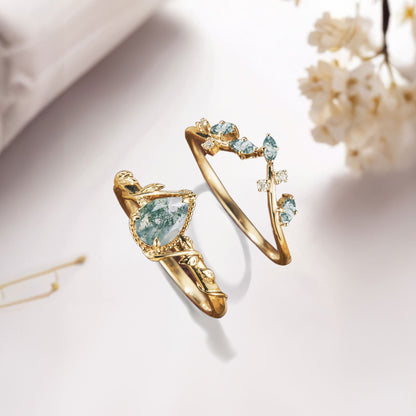 Unique Pear Moss Agate Bridal Ring Set Leaf Ring Set