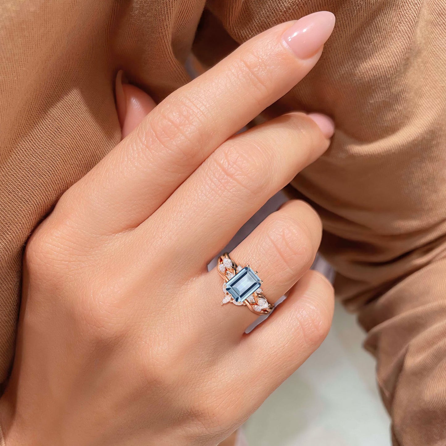 Unique Emerald Shaped Lab Aquamarine Wedding Ring Set Bridal Ring Set