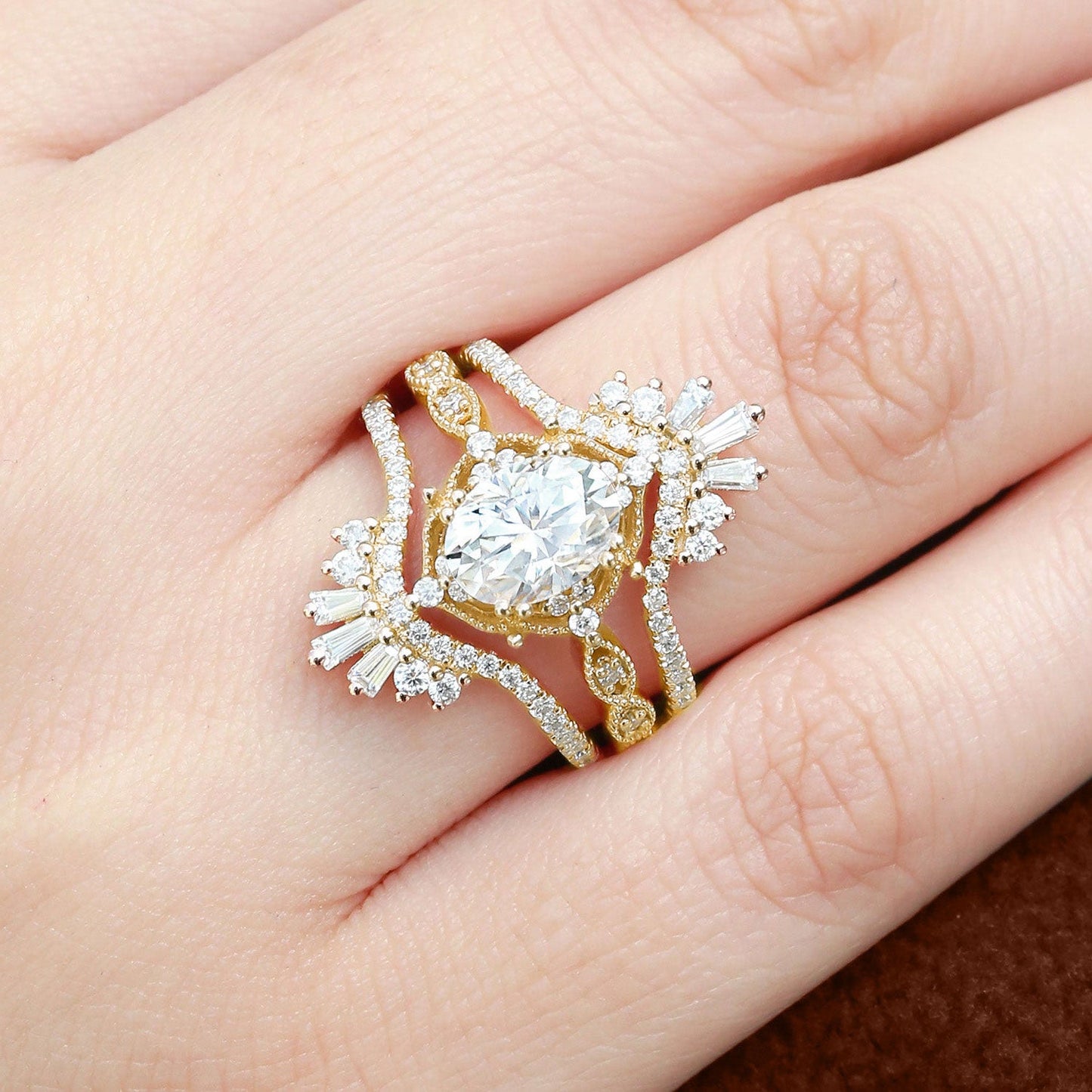 Vintage floral engagement rings Oval Moissanite Cage Flower Ring Set Bridal Ring Set