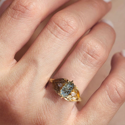 Unique Elvindell Three Stone Hexagon Starbrite Lab sapphire Ring