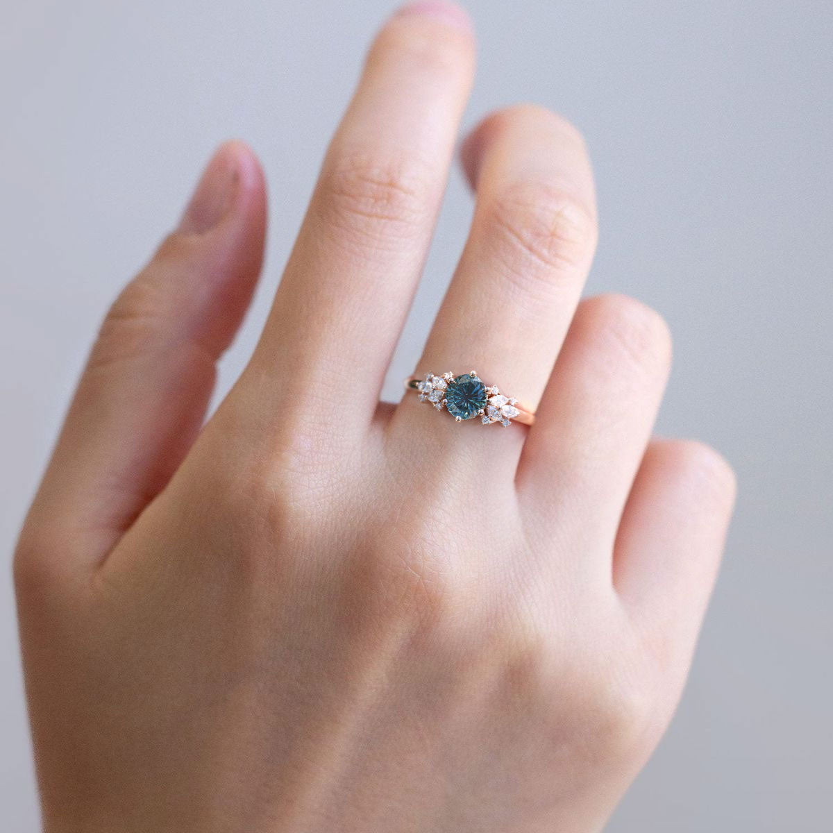 Unique Briar Rose Starbrite Cut Round Green Sapphire Engagement Ring