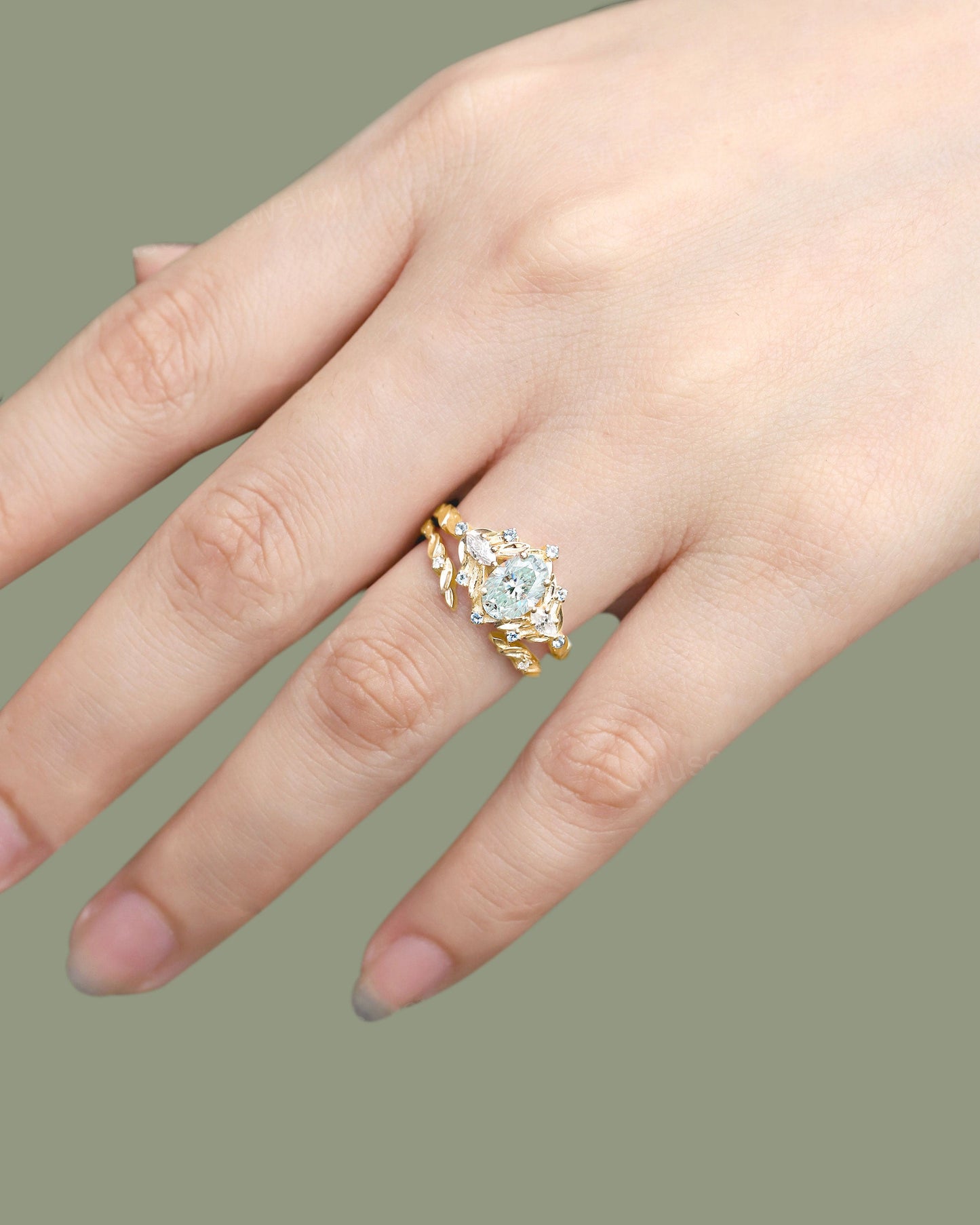 Vintage floral engagement rings Oval Green Moissanite Engagement Ring set Sapphire leaf Ring set