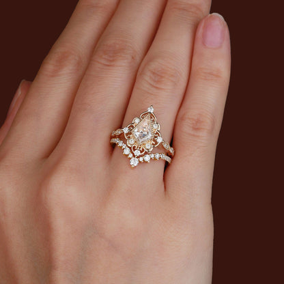 Vintage floral engagement rings Kite Moissanite Art Deco Engagement Ring Set