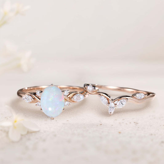 Vintage Oval Lab Opal and Moissanite Curved Wedding Ring Set Bridal Ring Set
