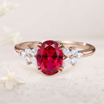 Unique Oval Lab Ruby Blossom Engagement Ring