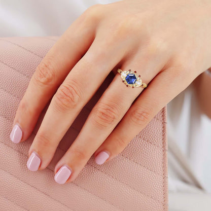Unique Hexagon Lab Sapphire Flower Engagement Ring Halo Leaf Wedding Ring For Women