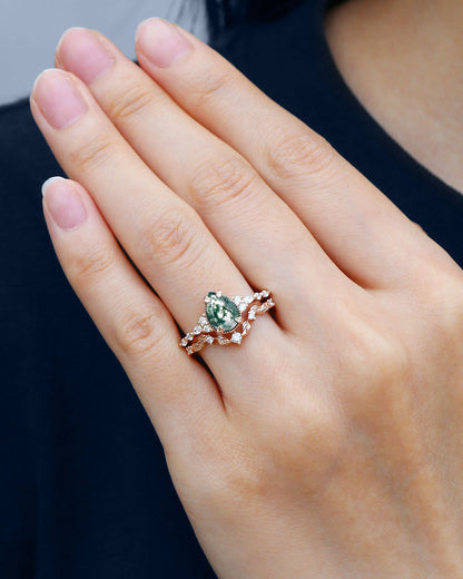 Vintage floral engagement rings Pear Moss Agate Leafy Engagement Ring Set