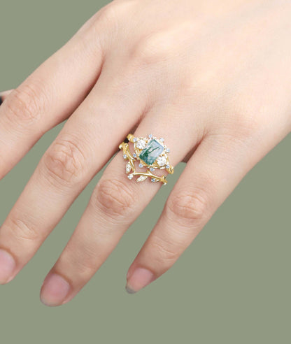 Unique floral engagement rings Emerald Cut Moss Agate Floral Wedding Ring Promise Bridal Set