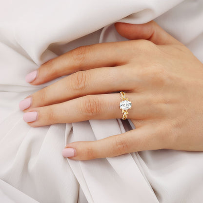 Unique floral engagement rings Oval Moissanite Leafy Engagement Ring