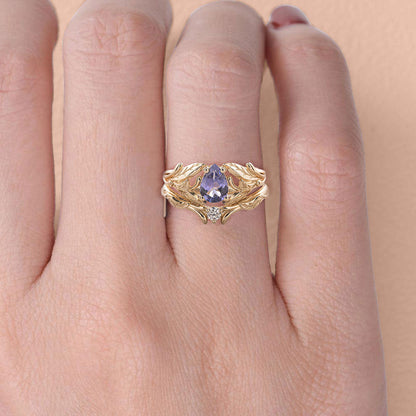 Unique floral engagement rings Pear Purple Lab Tanzanite engagement ring with Moissanite wedding Set