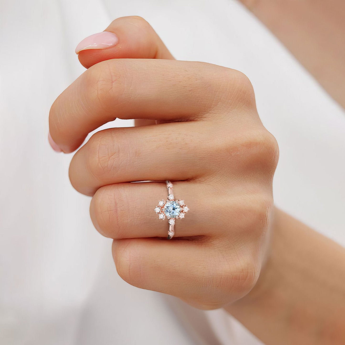 Unique Round Lab Aquamarine Promise Ring For Women