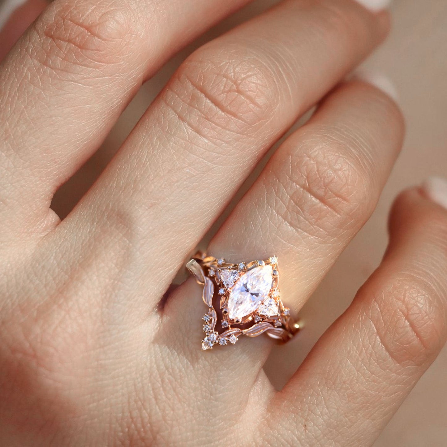 Unique floral engagement rings Marquise Moissanite Wedding Band