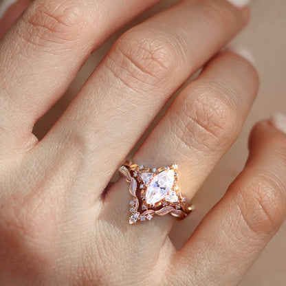 Unique floral engagement rings Marquise Moissanite Wedding Band