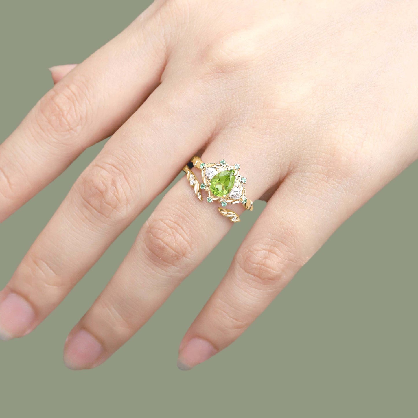 Unique floral engagement rings Pear Peridot Engagement Ring Set Emerald Cluster Leaf Wedding Ring Set